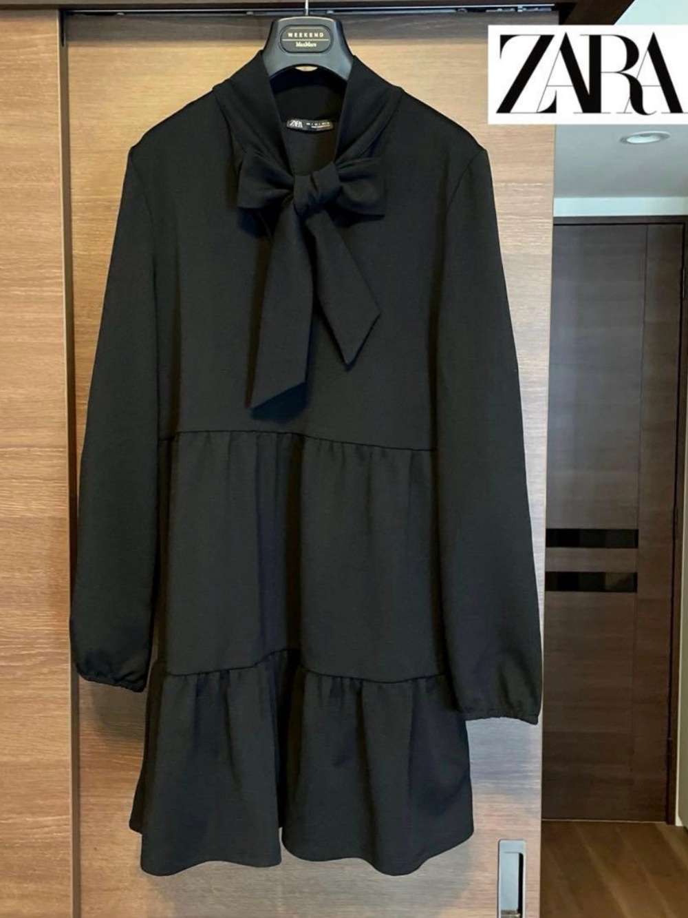Zara Black Long-Sleeve Bow-Tie Tiered Dress